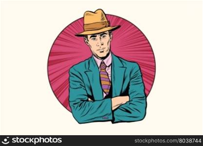 Retro male gentleman in the hat. Pop art retro vector, realistic hand drawn illustration.