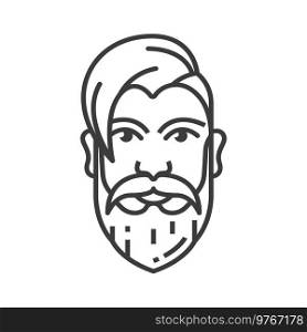Retro male hair style isolated man head with beard and moustaches monochrome icon. Vector vintage hairstyle, hipster head with old hairdo template, barbershop salon trendy haircut mockup line art. Hipster hair style isolated retro hairdo line art