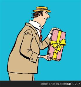 retro man gives a gift, cartoon style vector illustration. Birthday or holiday