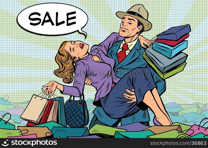 Retro man rescues a woman from sales and purchases, pop art vector. Holiday sales and Black Friday