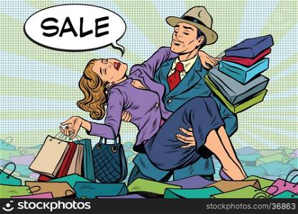 Retro man rescues a woman from sales and purchases, pop art vector. Holiday sales and Black Friday