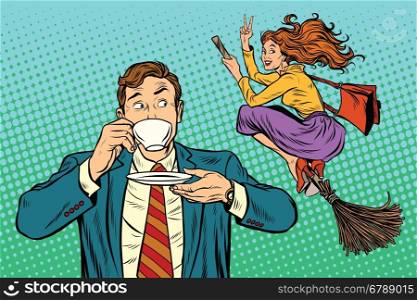 Retro man sees a woman cheerful witch, pop art retro vector illustration. Halloween is coming