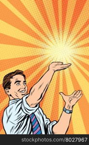 Retro man, sun on the palm pop art vector. The sun rays