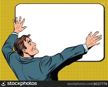 Retro man unfolds a poster pop art vector, realistic hand drawn illustration.