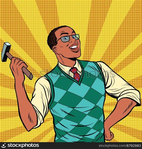 Retro man with a hammer for home repairs, pop art retro comic book vector illustration