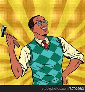 Retro man with a hammer for home repairs, pop art retro comic book vector illustration