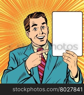 Retro man with a poster art retro vector. Adult promoter announcement man. Businessman advertises. Retro man with a poster pop art