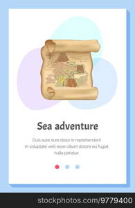 Retro map for robbers adventures. Island with old chest. Pirate map treasure, travel adventure. Geographic paper for searching gold coins. Adventurer attribute, navigation paper with travel path. Old treasure map for pirate adventures. Island with old chest. Pirate map treasure, travel adventure