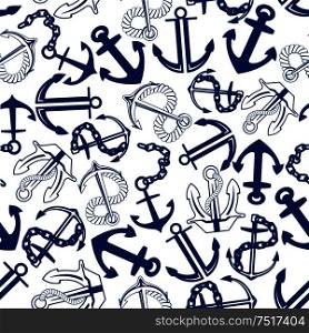 Retro marine anchors with chains and ropes seamless pattern for nautical adventure or vacation themes design with blue admiralty and stockless anchors over white background. Blue anchors with chains, ropes seamless pattern