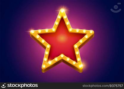 Retro marquee light red star decoration with yellow frame glowing on purple background, broadway style. Retro marquee light red star