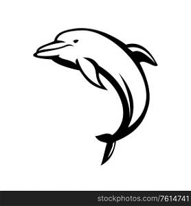 Retro mascot style illustration of a Dolphin jumping viewed from side on isolated background in Black and White.. Dolphin Mascot Jumping Side View Black and White Retro