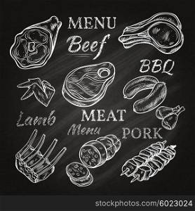 Retro Meat Menu Icons On Chalkboard. Retro meat menu icons on chalkboard with lamb chops sausage wieners pork ham skewers gastronomic products isolated vector illustration