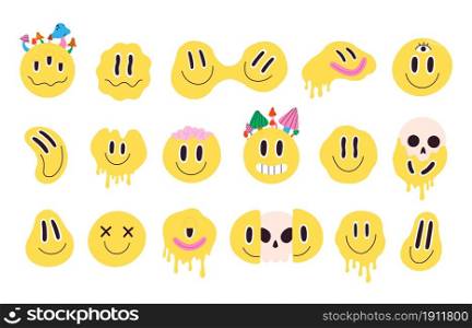 Retro melting crazy and dripping smiley face with mushrooms. Distorted graffiti emoji with skull. Hippie groovy smile character vector set. Positive facial expressions with brain and skull. Retro melting crazy and dripping smiley face with mushrooms. Distorted graffiti emoji with skull. Hippie groovy smile character vector set