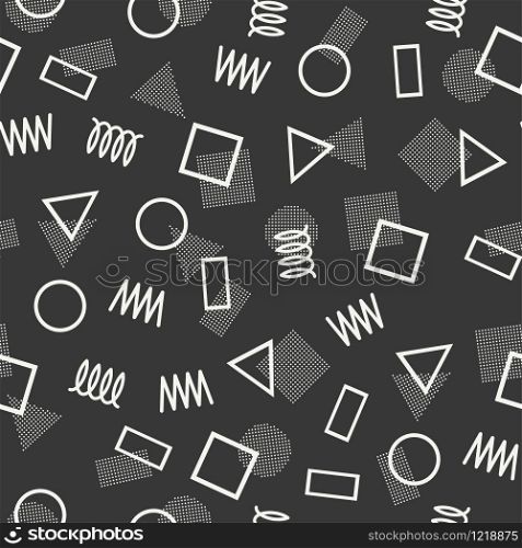 Retro memphis geometric line shapes seamless patterns. Hipster fashion 80-90s. Abstract jumble textures. Black and white. Zigzag lines. Triangle. Memphis style for printing, website, poster.. Retro memphis geometric line shapes seamless patterns. Hipster fashion 80-90s. Abstract jumble textures. Black and white. Zigzag lines. Triangle. Memphis style for printing, website, design, poster.