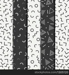 Retro memphis geometric line shapes seamless patterns set. Hipster fashion 80-90s. Abstract jumble textures. Black and white. Zigzag lines. Memphis style for printing, website, fabric, poster.. Retro memphis geometric line shapes seamless patterns set. Hipster fashion 80-90s. Abstract jumble textures. Black and white. Zigzag lines. Memphis style for printing, website, fabric design, poster.
