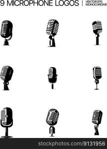 Retro mic microphone vector illustration. Design element for podcast or karaoke logo, label, emblem, sign. Vector illustration. Retro mic microphone vector illustration. Design element for podcast or karaoke logo, label, emblem, sign.