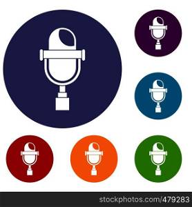 Retro microphone icons set in flat circle red, blue and green color for web. Retro microphone icons set
