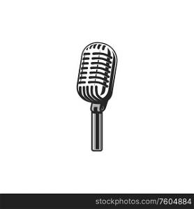 Retro microphone isolated monochrome karaoke symbol. Vector vintage mic, sound recorder instrument. Vintage mic isolated retro microphone karaoke sign