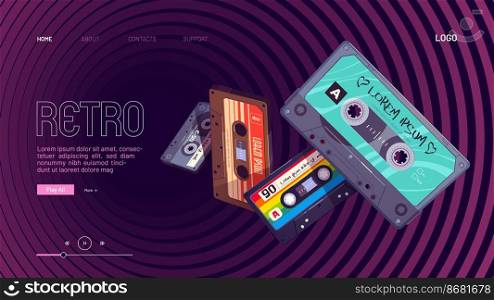 Retro mixtapes cartoon landing page with audio mix tapes falling into hypnotic pattern. Cassettes, media or music store ad in vintage style, analog multimedia devices, Vector illustration. Retro mixtapes cartoon poster with audio mix tapes