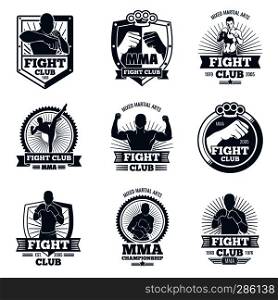 Retro mma vector emblems and labels. Fight club vintage logos. Emblem logo sport boxing and mma club illustration. Retro mma vector emblems and labels. Fight club vintage logos