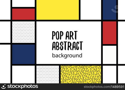 Retro mondrian red yellow blue geometric background. Minimal trendy fashion style poster. Line art design. Abstract neoplasticism. Grid geometry backdrop.. Pop art geometry mondrian style line back