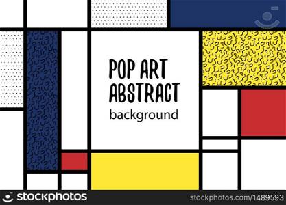 Retro mondrian red yellow blue geometric background. Minimal trendy fashion style poster. Line art design. Abstract neoplasticism. Grid geometry backdrop.. Pop art geometry mondrian style line back