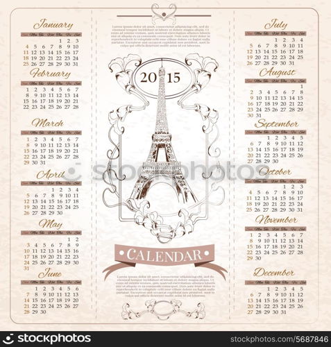 Retro months calendar for 2015 year with hand drawn france paris eiffel tower design template vector illustration