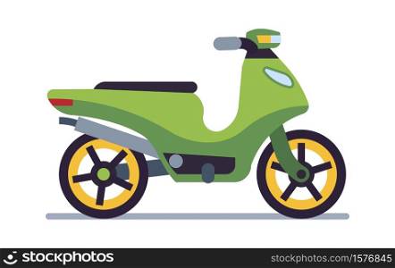 Retro motorbike. Delivery old green scooter, collectible classic vehicle for road racing, speed race vintage style moped travel and sport flat isolated on white vector motor transport illustration. Retro motorbike. Delivery old scooter collectible classic vehicle for road racing, speed race vintage style moped travel and sport flat isolated vector motor transport illustration