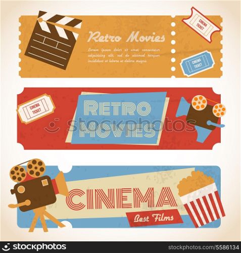 Retro movie cinema ticket banners with vintage camera popcorn vector illustration