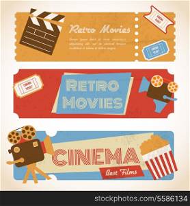 Retro movie cinema ticket banners with vintage camera popcorn vector illustration