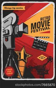 Retro movie festival vector poster with vintage video camera, film reel, award star and clapper. Film studio, cinema party or cinematography entertainment industry grunge card with old camcorder. Retro movie festival poster with video camera