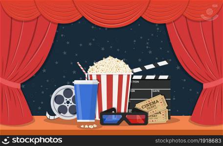 Retro movie set. Black clapperboard, box with popcorn, soda water glass, 3d glasses, Film reel, ticket. illustration in flat style.. Retro movie set.