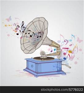 Retro music background with gramophone and notes.