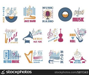 Retro music classical jazz and rock flat emblems set isolated vector illustration . Retro music emblems