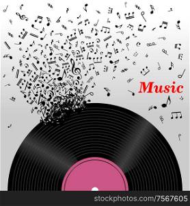 Retro music concept with a cloud of music notes emitting from a long play vinyl record with the text Music