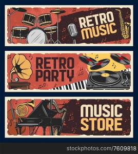 Retro music instruments store, vector retro vintage banners. Jazz music festival and live musical party with vinyl records gramophone, classic piano and orchestra harp, percussion drums and saxophone. Music store banners, retro music instruments