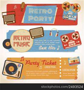 Retro music party ticket banners with analog gadgets isolated vector illustration