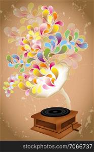 Retro music player plays colorful transparent shapes - abstract illustration on brown vintage background
