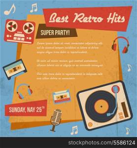 Retro music poster with vintage vinyl player headphones icons vector illustration