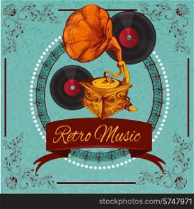 Retro music poster with vinyl gramophone and floral ornament sketch vector illustration