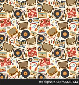 Retro music seamless pattern with vinyl player cassette recorder vintage microphone vector illustration