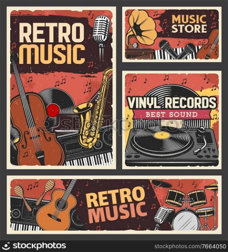 Retro music store and vinyl records shop banner. Music instruments, recording and playback equipment. Violin, saxophone and synthesizer, piano, guitar and maraca, vinyl discs turntable engraved vector. Retro music, music store and vinyl records banner