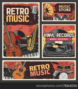 Retro music store and vinyl records shop banner. Music instruments, recording and playback equipment. Violin, saxophone and synthesizer, piano, guitar and maraca, vinyl discs turntable engraved vector. Retro music, music store and vinyl records banner