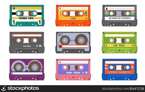 Retro music tapes set. Vintage audio cassettes for stereo sound equipment. Vector illustration for old record technology, taped storage device concept