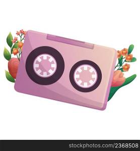 Retro music tapes with flowers and leaves behind it. Audio cassette with floral for print design.Hand drawn vintage object. Vector isolated illustration.. Retro music tapes with flowers and leaves behind it. Audio cassette with floral for print design.Hand drawn vintage object. Vector isolated illustration