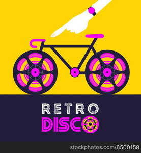 Retro music. Vector illustration.. Retro disco. Vector illustration in retro style. Poster music retro party. Bicycle with tape coils instead of wheels.