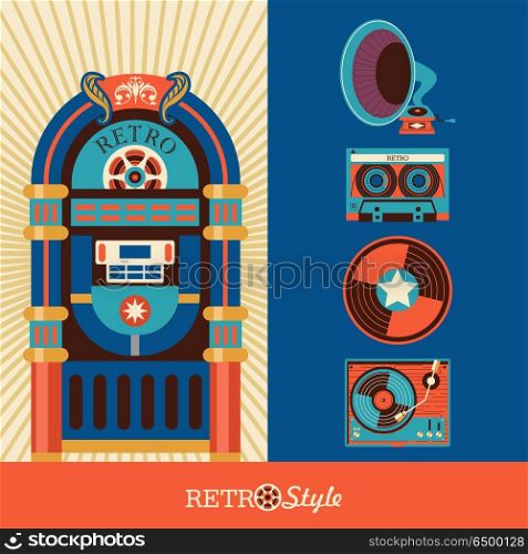 Retro music. Vector illustration.. Retro music. A set of vintage musical instruments. Gramophone, vinyl record player, cassette player, disco ball. Vector illustration.