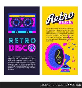 Retro music. Vector illustration.. Retro music. Retro disco. Gramophone and tape cassette. Vector illustration.