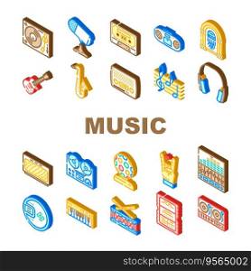 retro music vintage party icons set vector. style poster, 90s 80s, abstract funky, modern trendy sticker, pop disco, groovy retro music vintage party isometric sign illustrations. retro music vintage party icons set vector