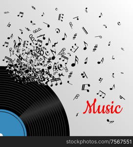 Retro music vintage poster with vinyl disc and explosion of musical notes for media and entertainment design